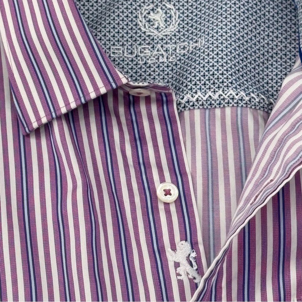 Bugatchi Uomo Purple Striped Button Up Long Sleeve Mens Size L CLASSIC FIT